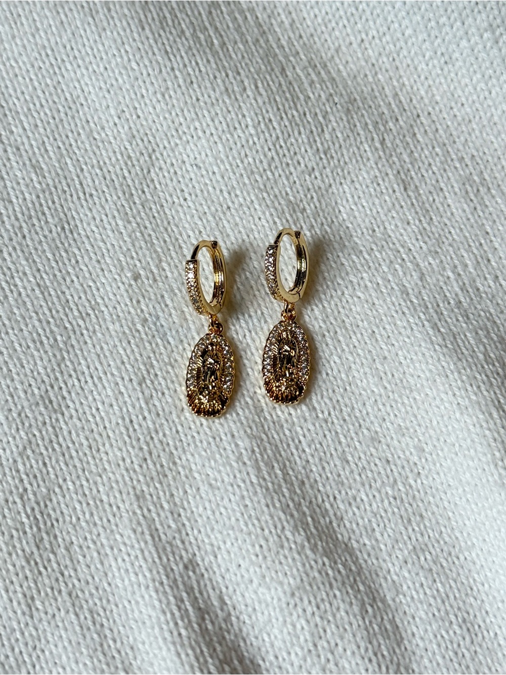 Virgen de Guadalupe Dangling Gold Tone Earrings with Stones.